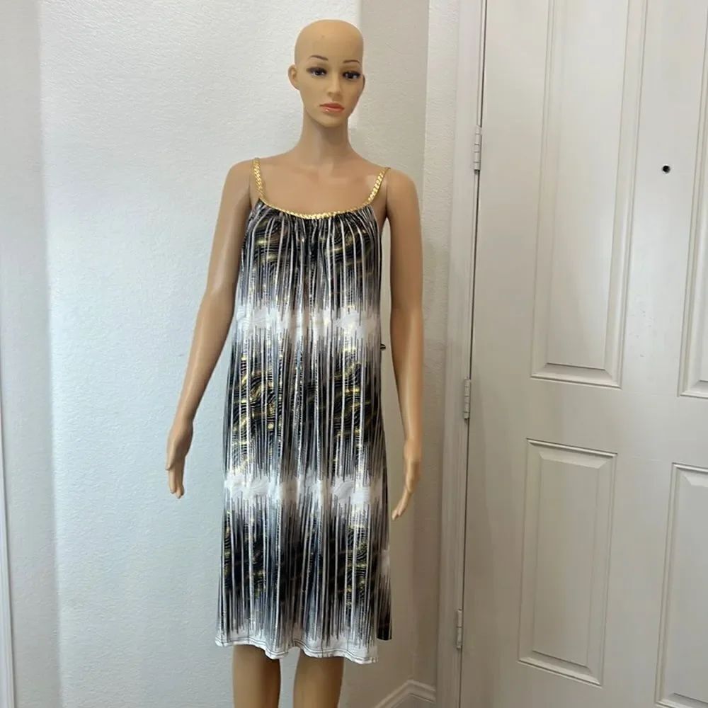 Seven Islands Dress Size Large Gold Metallic Black White Scoop Neck Sleeveless
